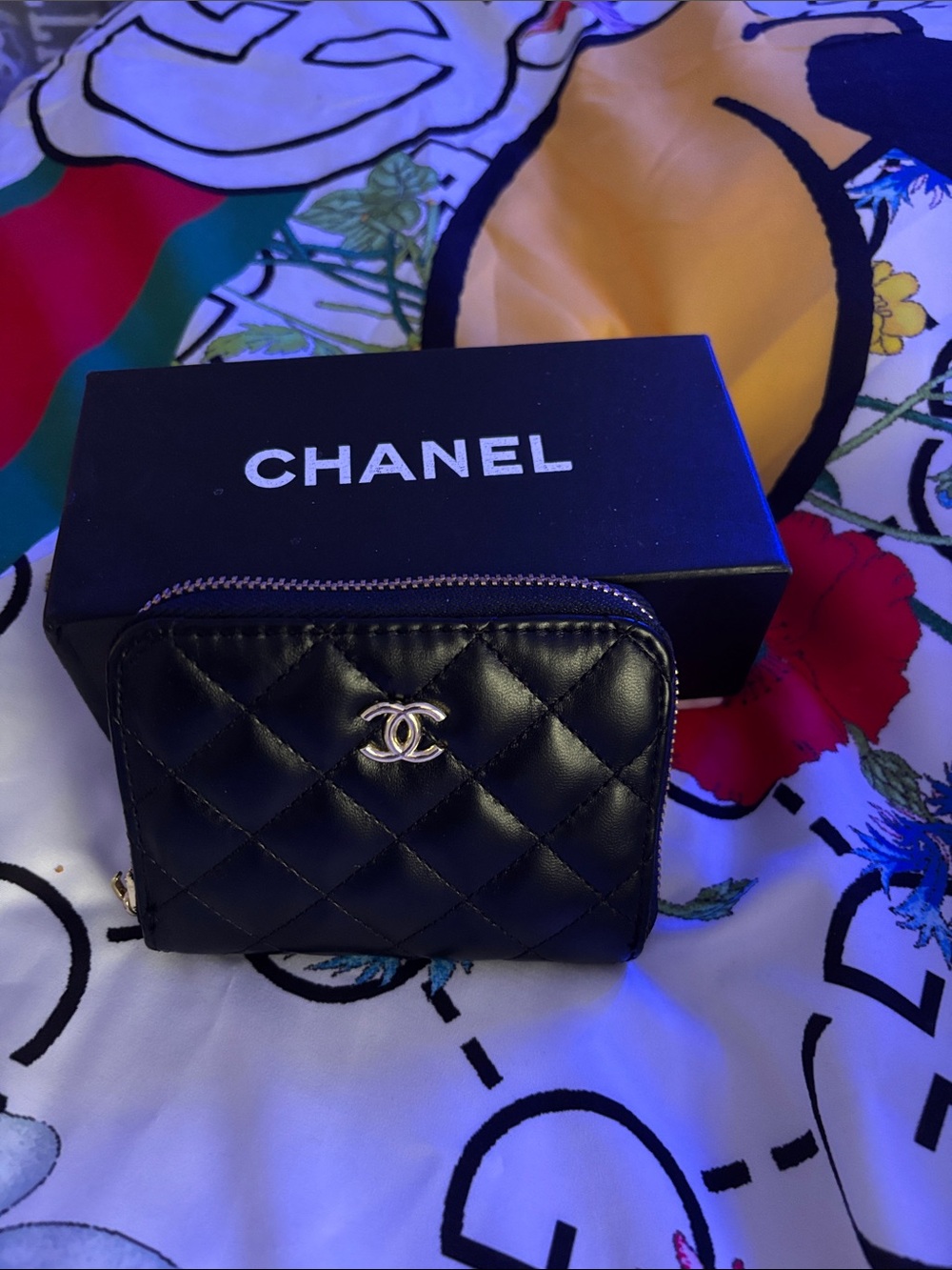 CHANEL Black Quilted Leather Compact Zip Wallet with Gold CC